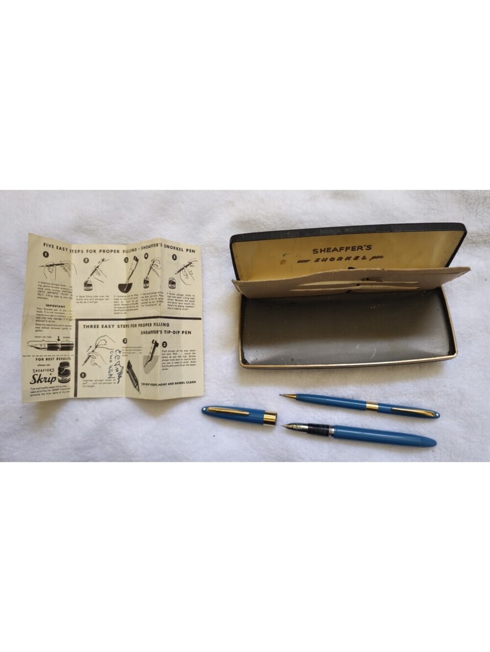 Sheaffer Vintage Snorkel Fountain Pen Mechanical Pencil Peacock Blue 14k Nib